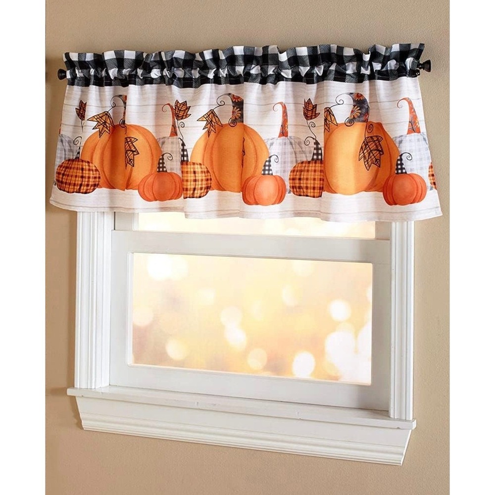 Fall Pumpkin Window Valance Curtain Buffalo Plaid Farmhouse Autumn 60x18